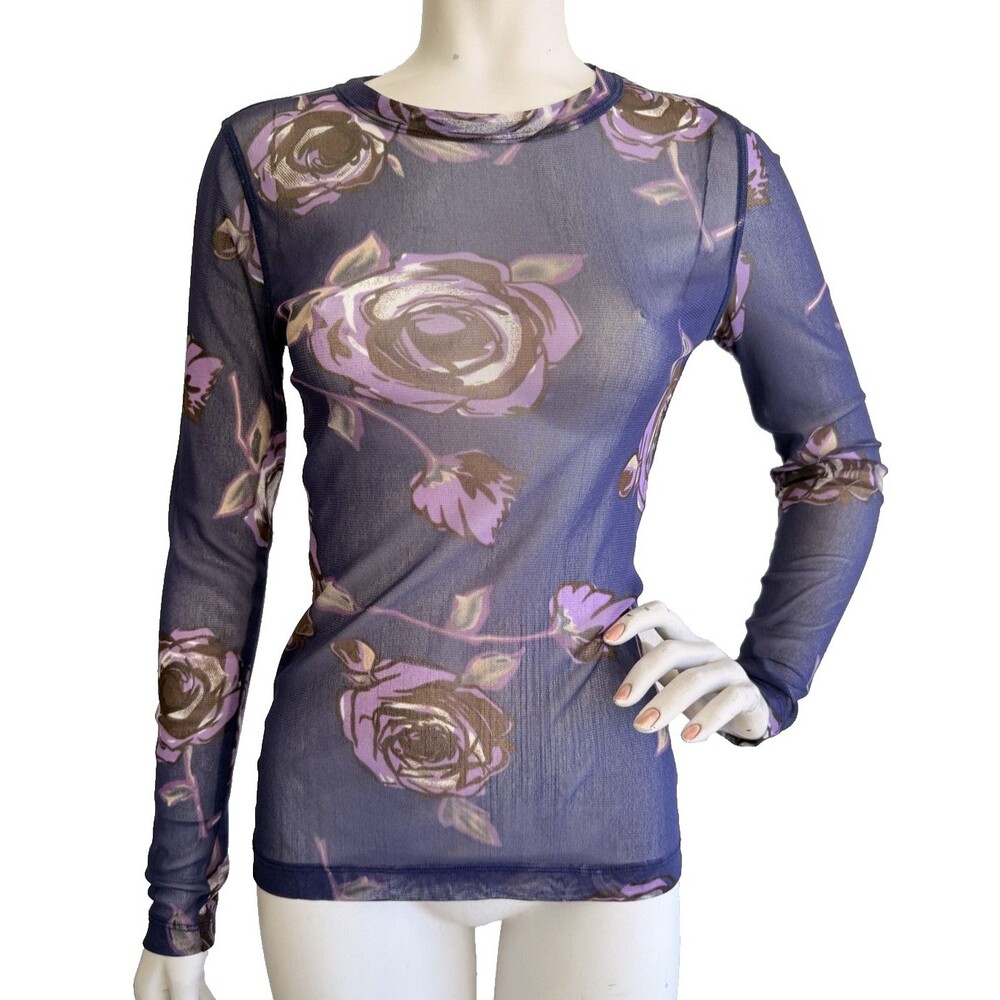 KAREN KANE Mesh Y2K Sheer Purple Rose Floral Long Sleeve Top VTG Size M L
